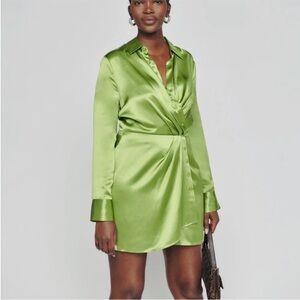 Reformation Avocado Green Silk Long Sleeve Faux Wrap Alaine Dress Sz. 0